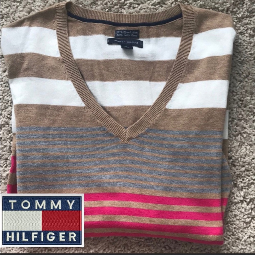 Tommy Hilfiger Brown and Pink V-Neck Sweater